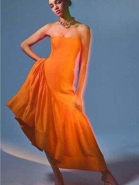 LET ME BE. Strapless Orange Square-Neck Asymmetric Midi Dress